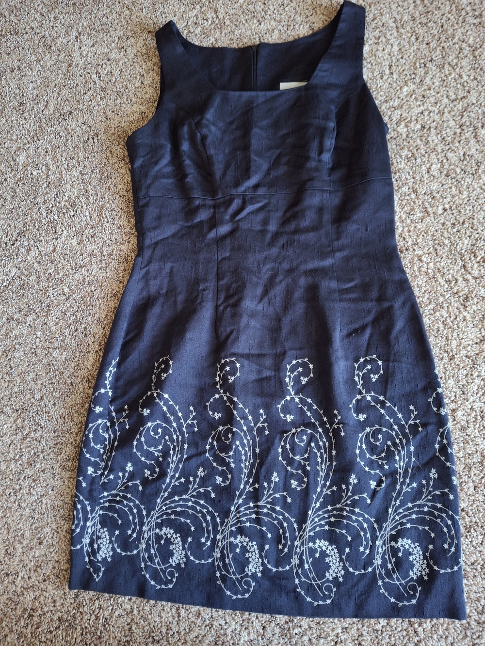 Sleeveless Navy Dress with White Embroidered Hem
